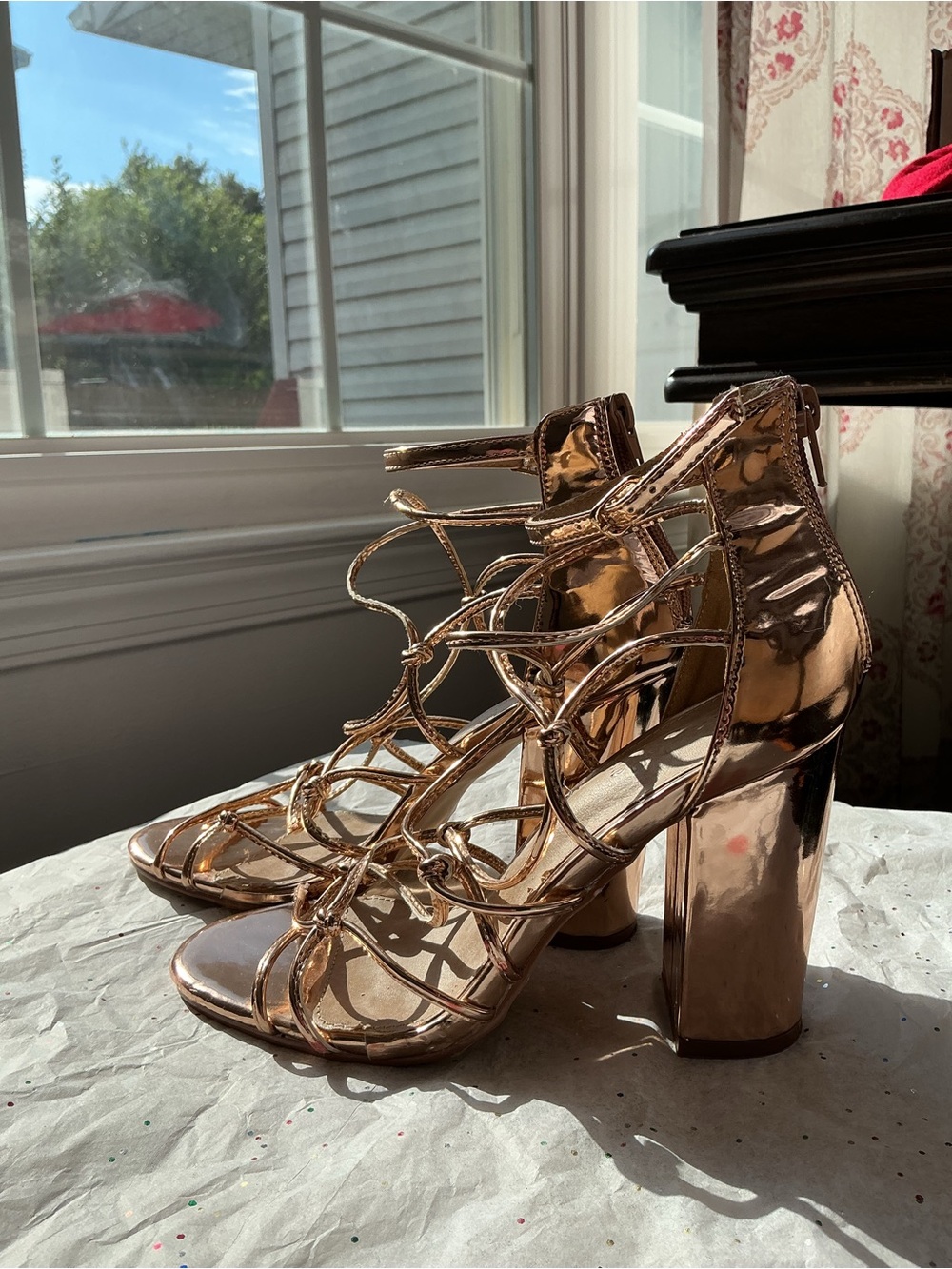 Charlotte Russe Rose Gold Strappy Block Heel Sandals